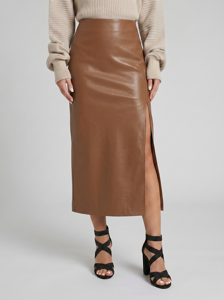 Women's Faux-Leather Side-Slit Midi Skirt – Sleek Pencil Silhouette | Celestiella