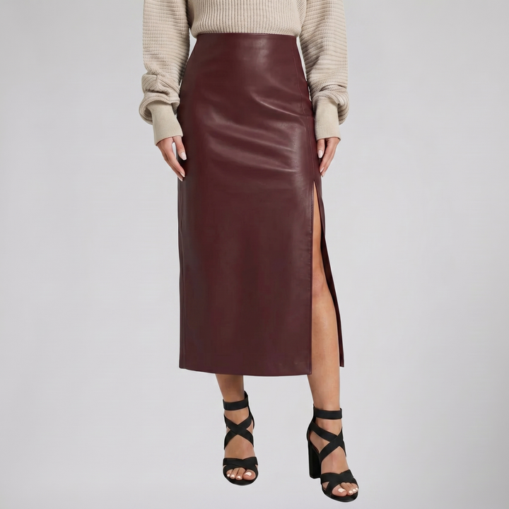 Women's Faux-Leather Side-Slit Midi Skirt – Sleek Pencil Silhouette