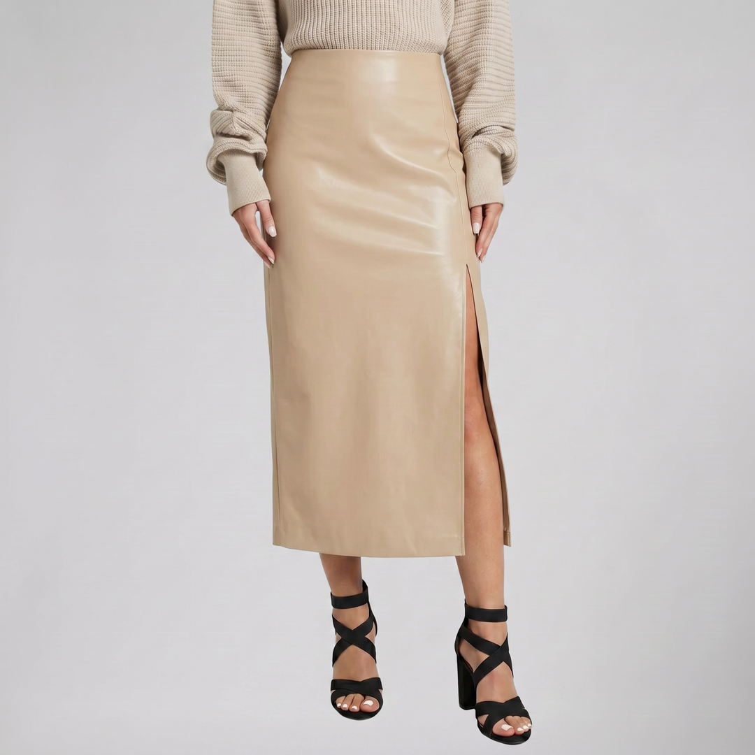 Women's Faux-Leather Side-Slit Midi Skirt – Sleek Pencil Silhouette