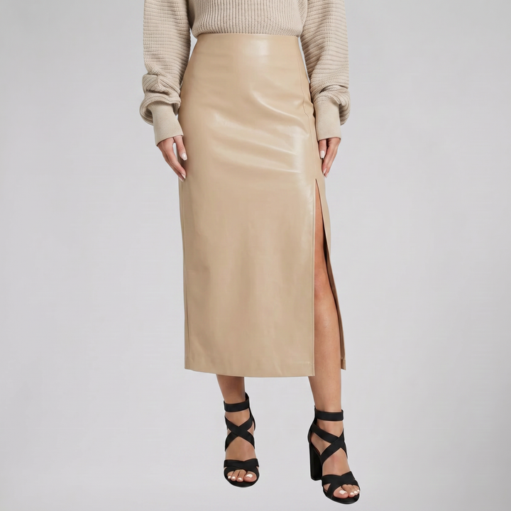 Women's Faux-Leather Side-Slit Midi Skirt – Sleek Pencil Silhouette