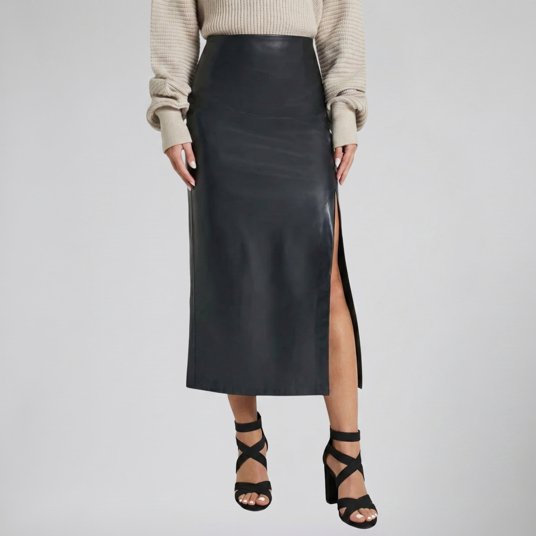 Women's Faux-Leather Side-Slit Midi Skirt, Sleek Pencil Silhouette