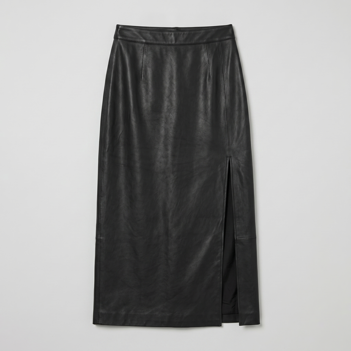 Women's Faux-Leather Side-Slit Midi Skirt – Sleek Pencil Silhouette
