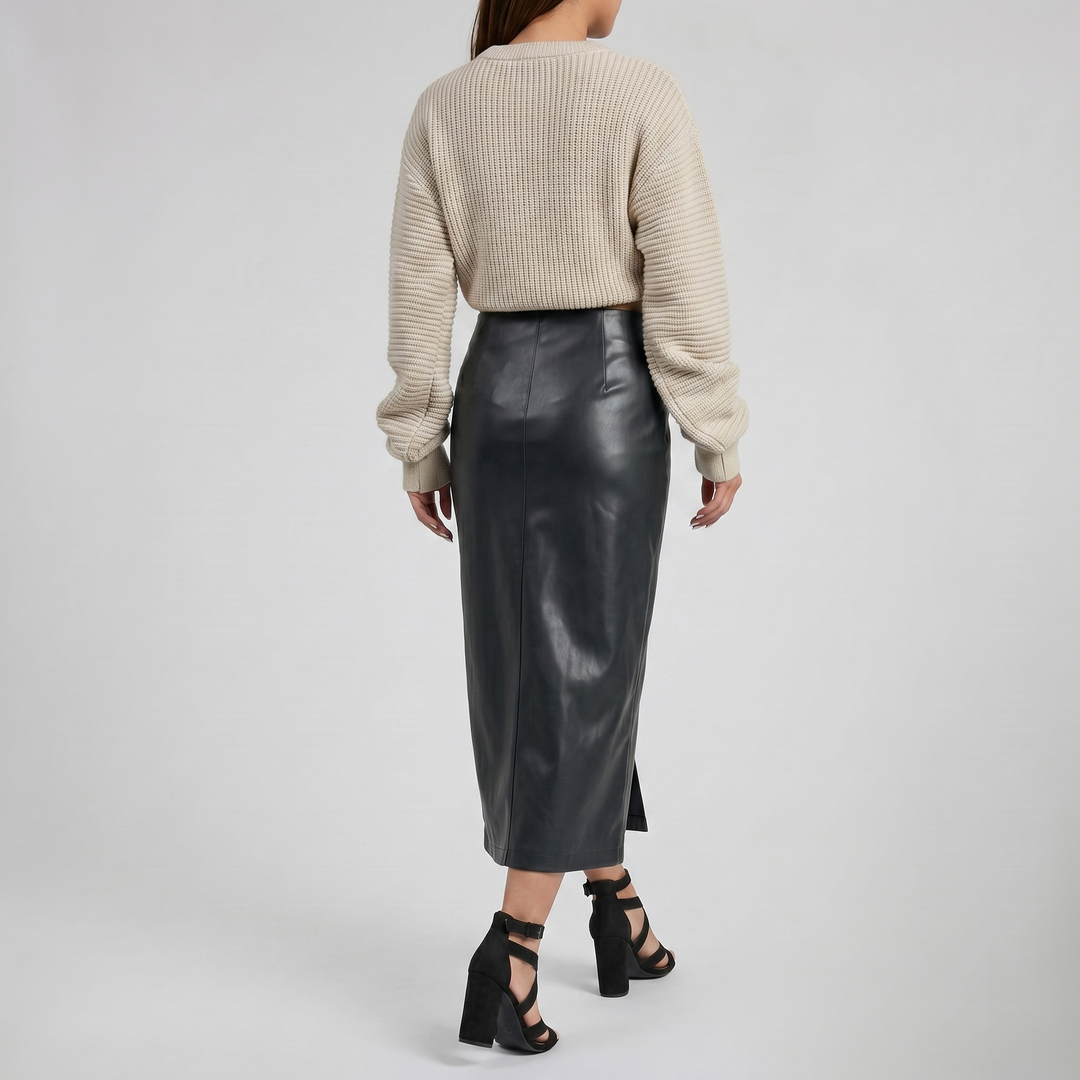 Women's Faux-Leather Side-Slit Midi Skirt – Sleek Pencil Silhouette