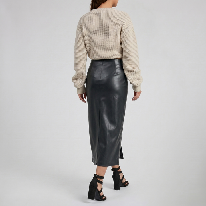 Women's Faux-Leather Side-Slit Midi Skirt – Sleek Pencil Silhouette