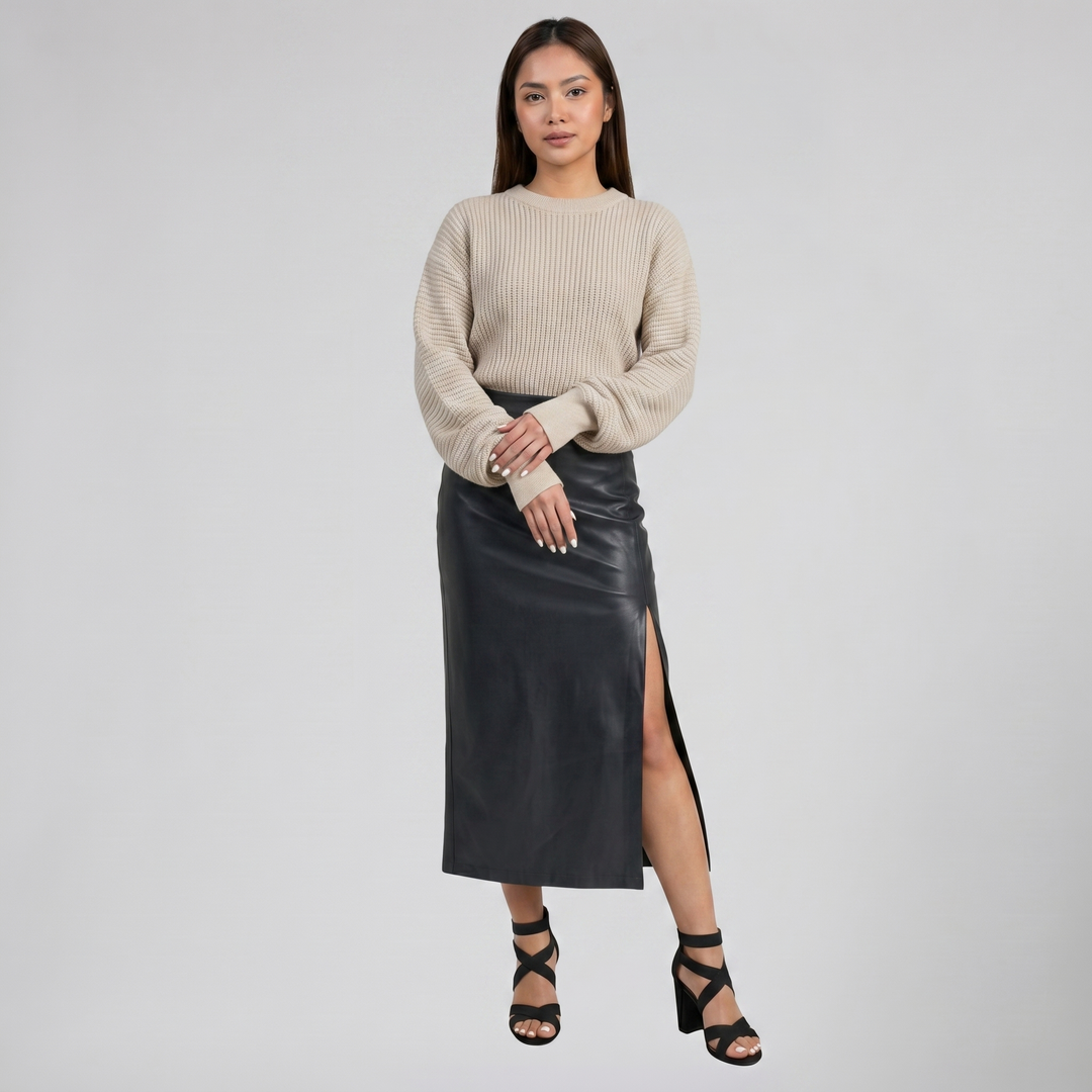 Women's Faux-Leather Side-Slit Midi Skirt – Sleek Pencil Silhouette
