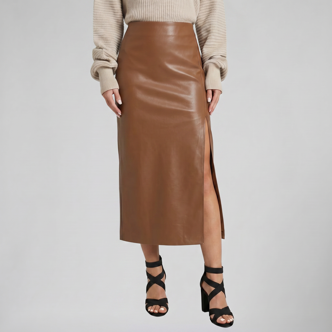 Women's Faux-Leather Side-Slit Midi Skirt – Sleek Pencil Silhouette