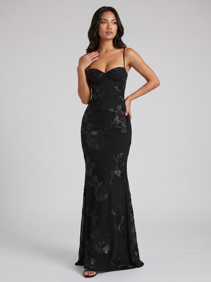 Women's Floral Appliqué Corset Maxi Dress – Mermaid Silhouette