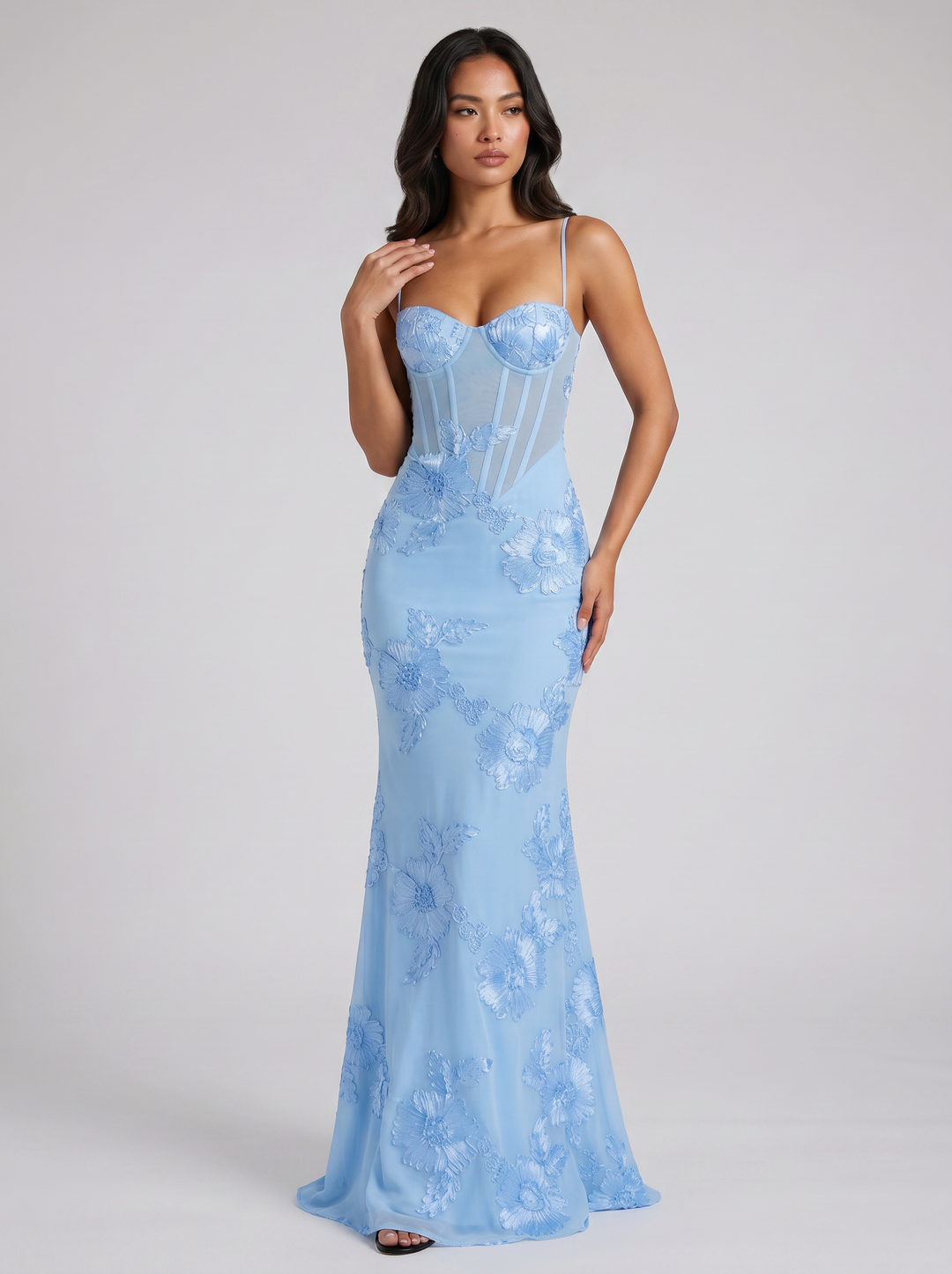 Women's Floral Appliqué Corset Maxi Dress – Mermaid Silhouette