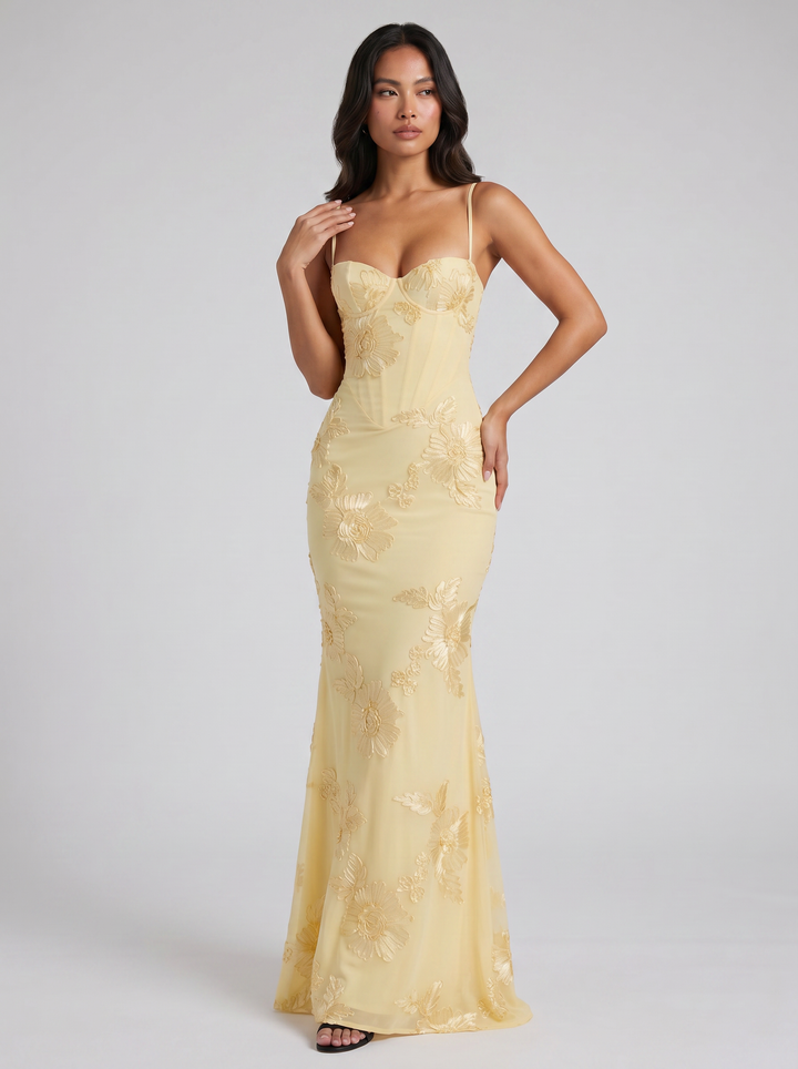 Women's Floral Appliqué Corset Maxi Dress – Mermaid Silhouette