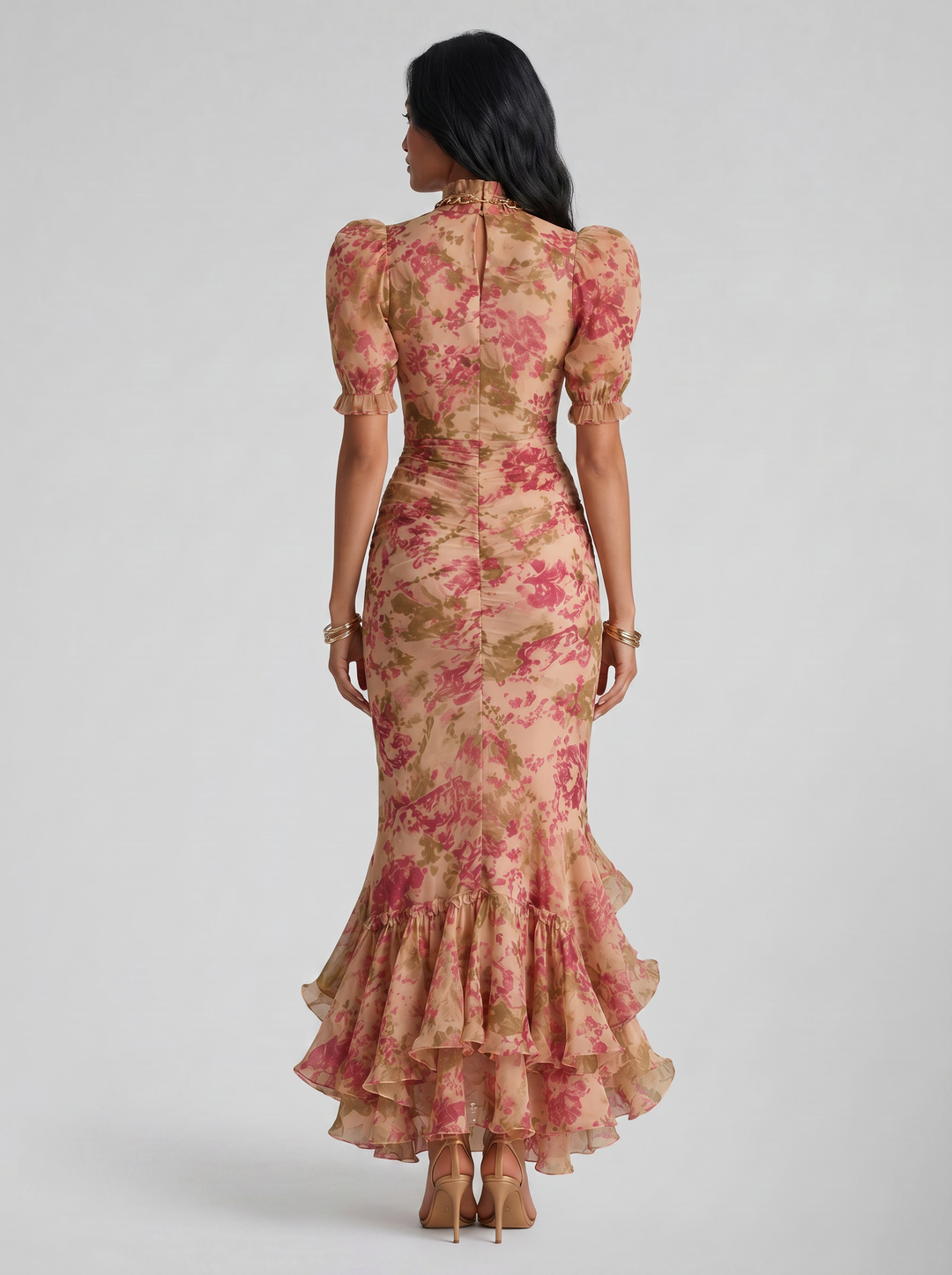 Women's Floral Chiffon Maxi Dress – Puff Sleeve Fishtail Gown