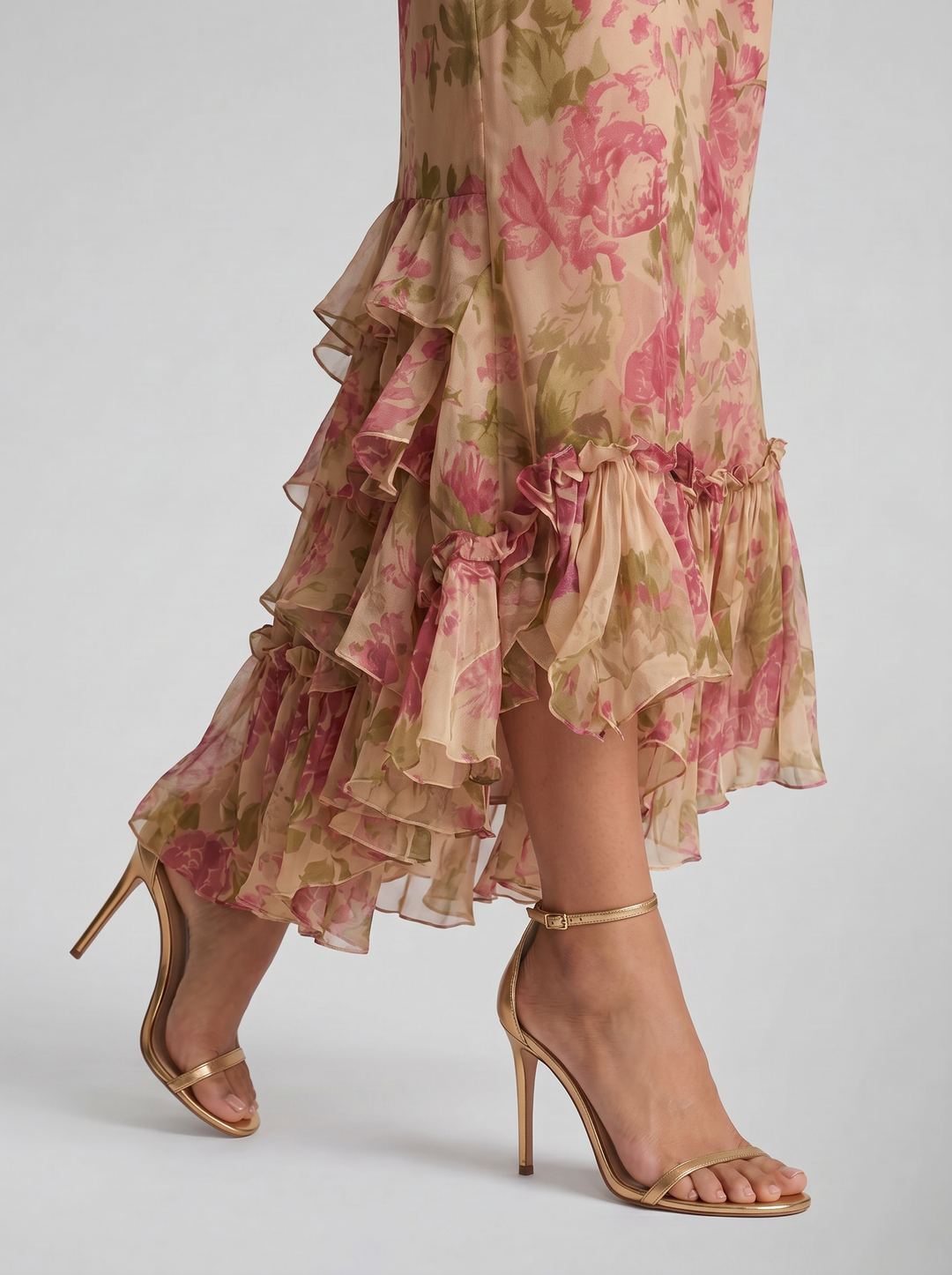 Women's Floral Chiffon Maxi Dress – Puff Sleeve Fishtail Gown