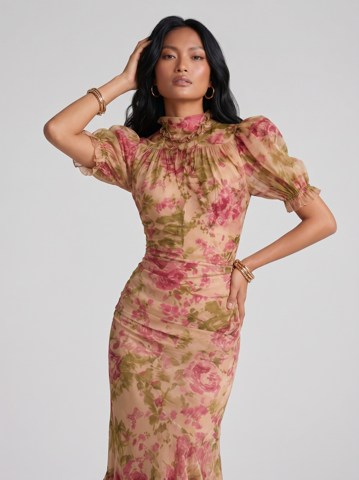 Women's Floral Chiffon Maxi Dress – Puff Sleeve Fishtail Gown