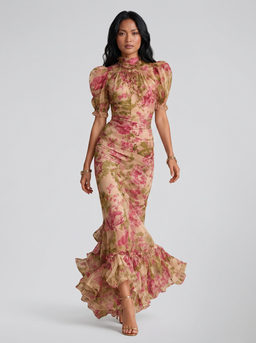 Women's Floral Chiffon Maxi Dress – Puff Sleeve Fishtail Gown