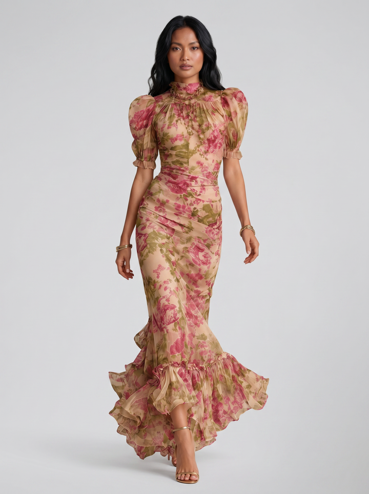 Women's Floral Chiffon Maxi Dress – Puff Sleeve Fishtail Gown