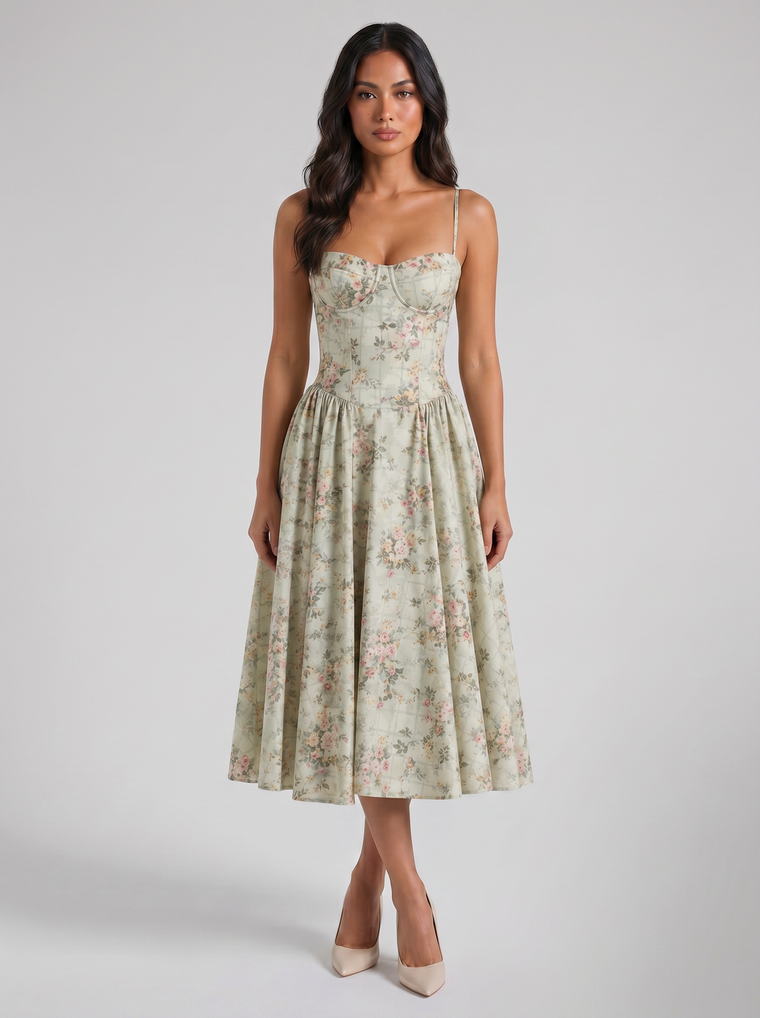 Women's Floral Corset Midi Dress – Sweetheart Wedding Guest