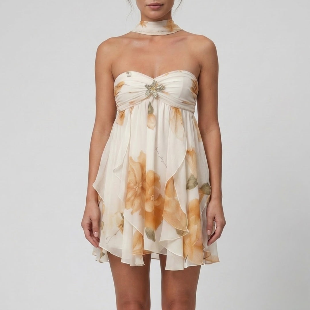 Women's Mini Dress, Floral Silk Chiffon Summer Style