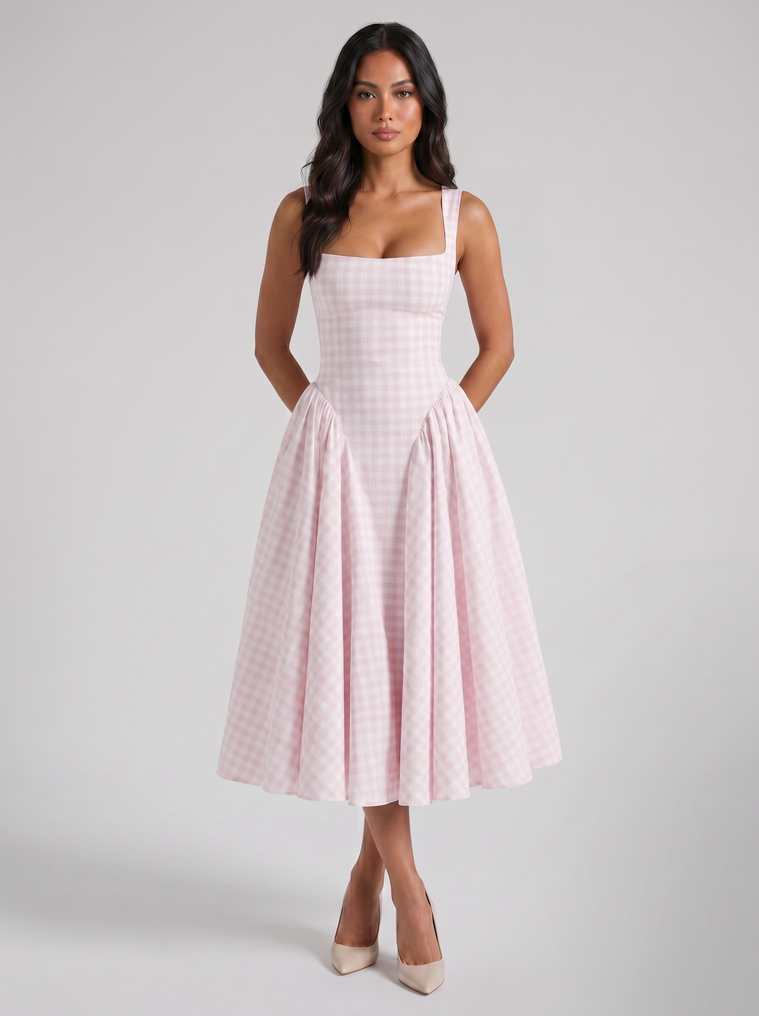 Women's Gingham Midi Dress – Square-Neck Summer Style