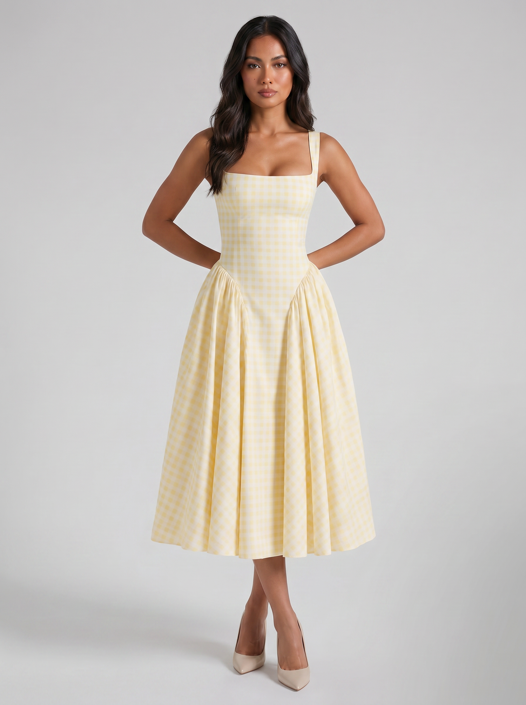 Women's Gingham Midi Dress – Square-Neck Summer Style