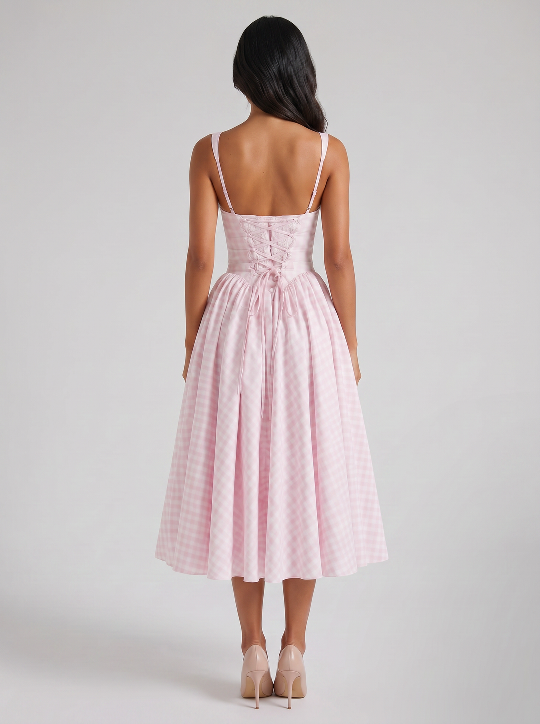 Women's Gingham Midi Dress – Square-Neck Summer Style