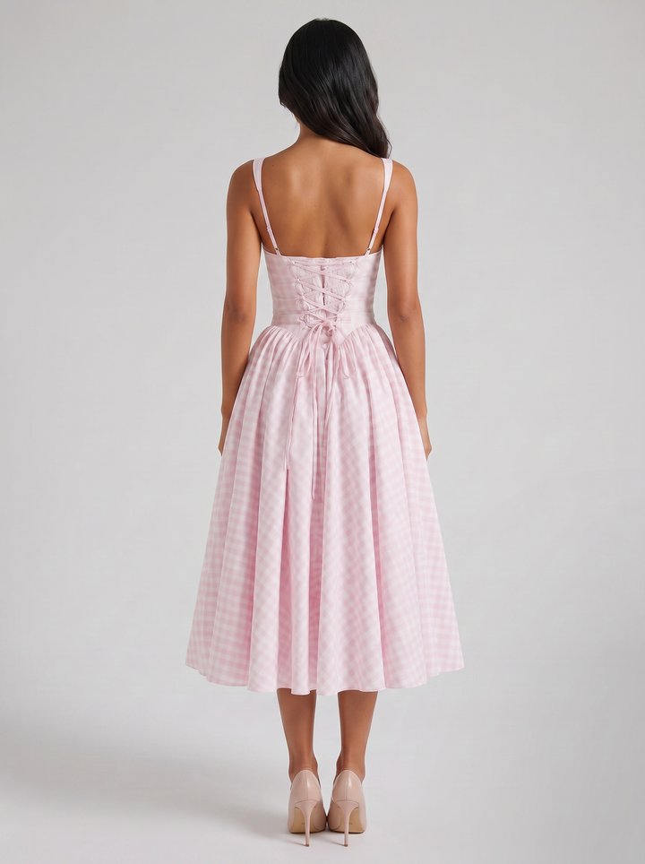 Women's Gingham Midi Dress – Square-Neck Summer Style