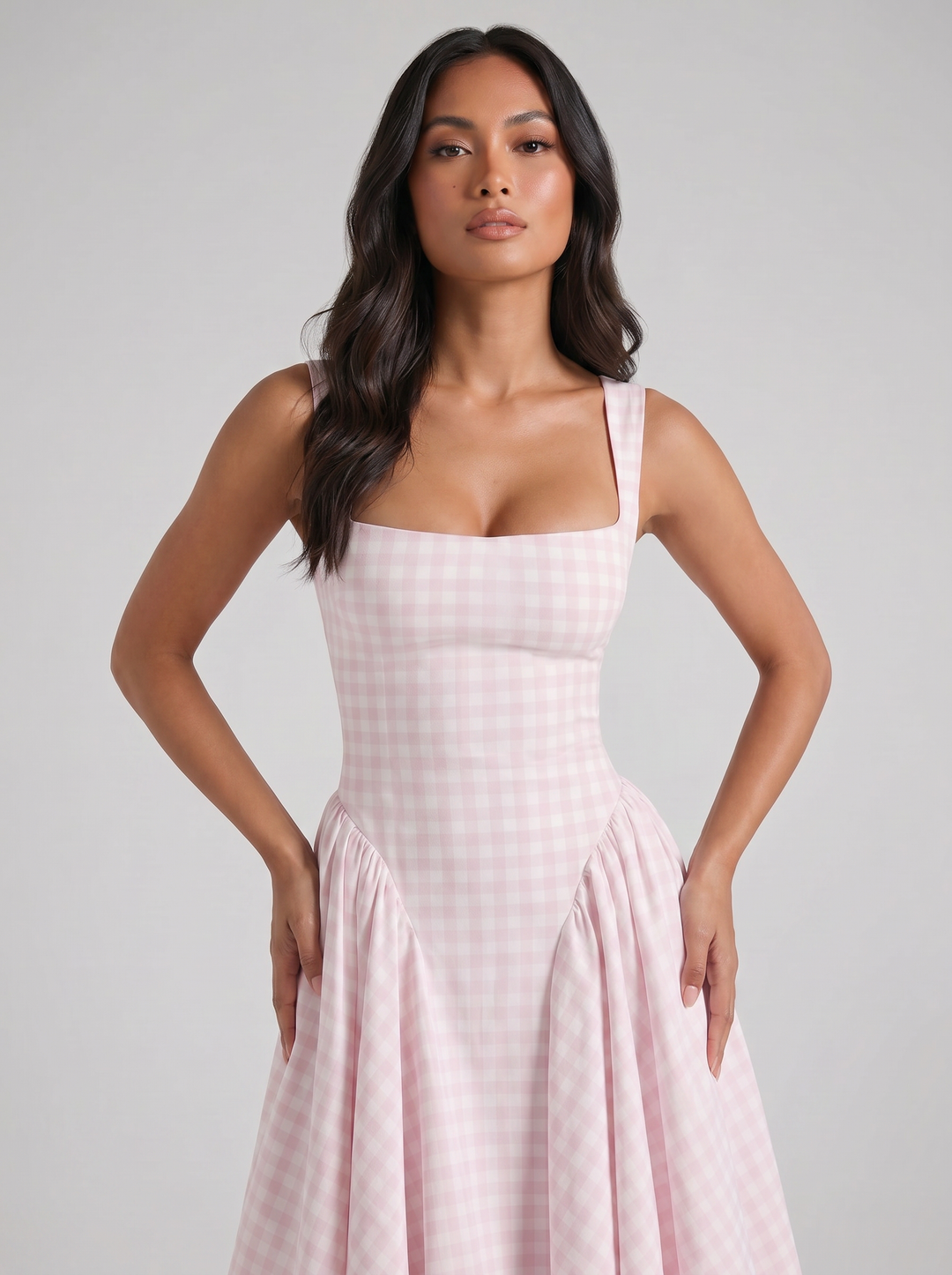 Women's Gingham Midi Dress – Square-Neck Summer Style