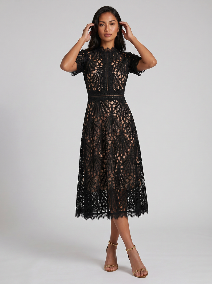 Women's Lace Midi Dress – Elegant High-Neck A-Line