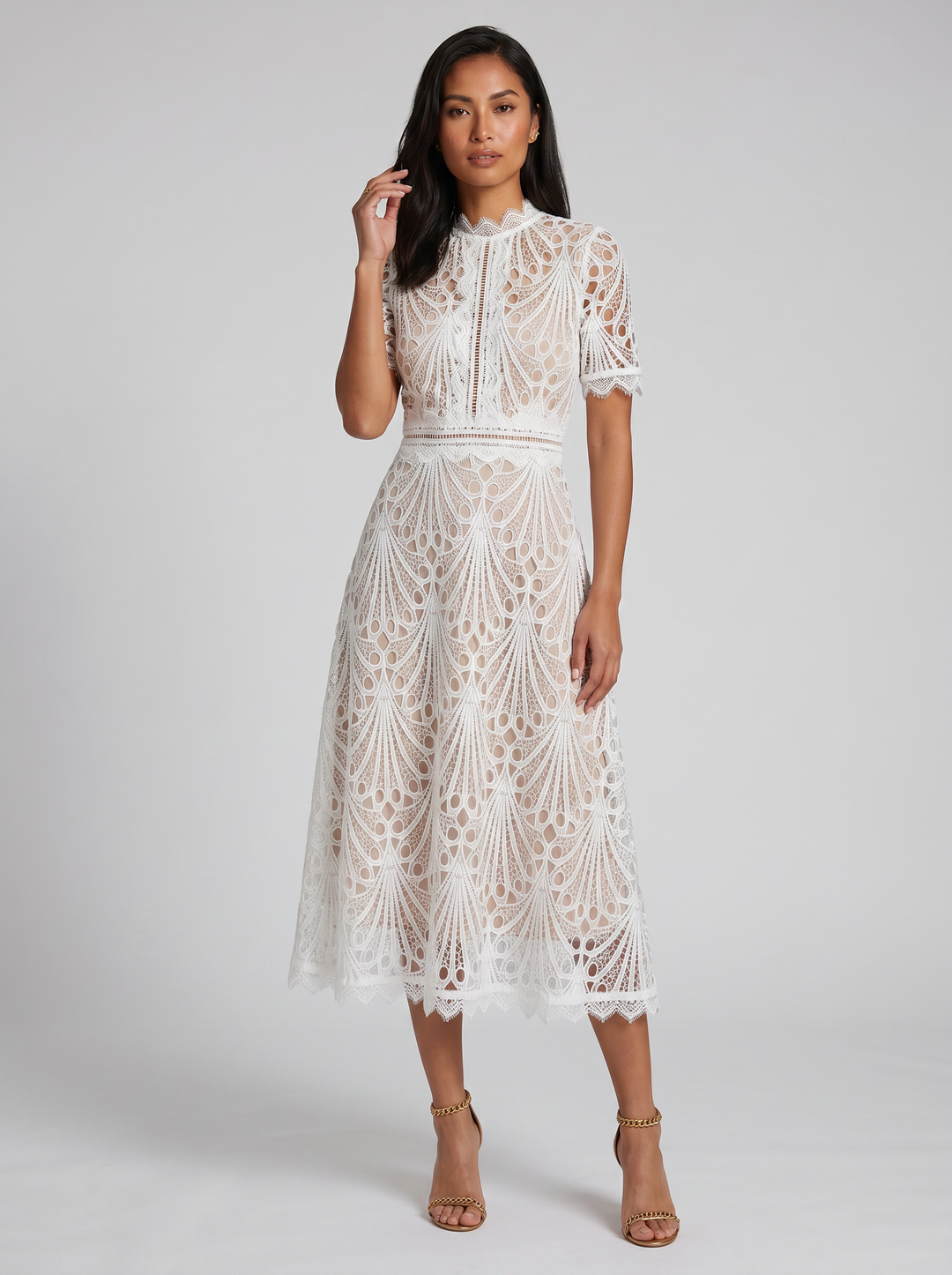 Women's Lace Midi Dress – Elegant High-Neck A-Line
