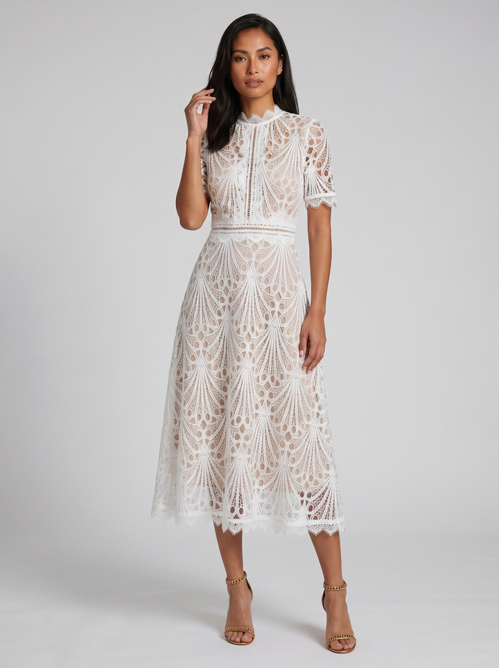 Women's Lace Midi Dress – Elegant High-Neck A-Line