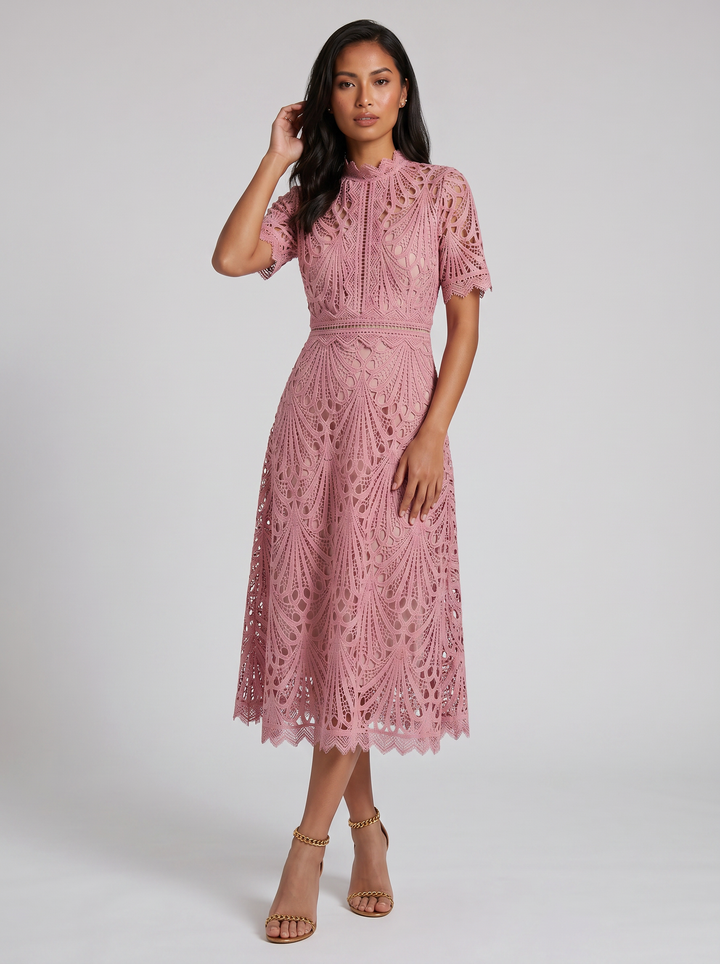 Women's Lace Midi Dress – Elegant High-Neck A-Line