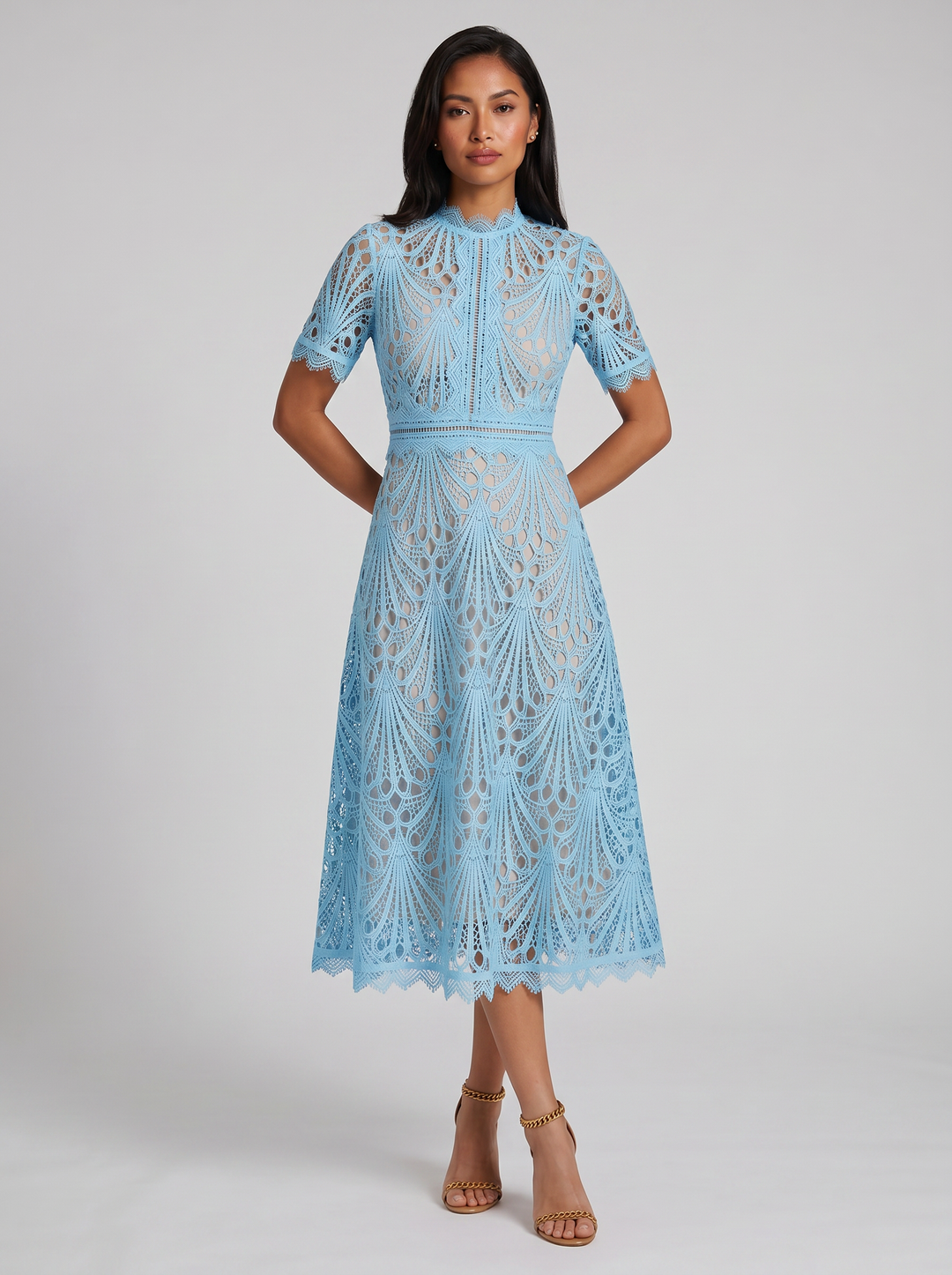 Women's Lace Midi Dress – Elegant High-Neck A-Line