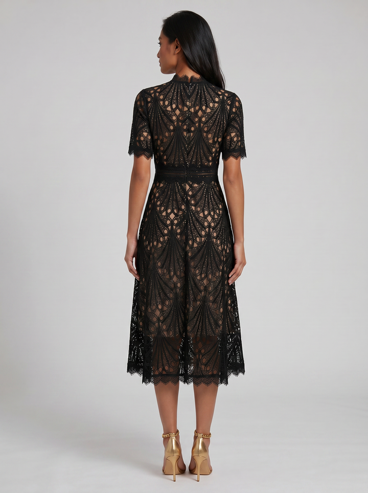 Women's Lace Midi Dress – Elegant High-Neck A-Line