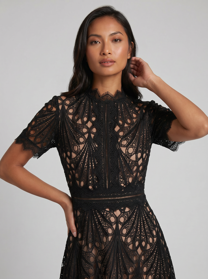 Women's Lace Midi Dress – Elegant High-Neck A-Line