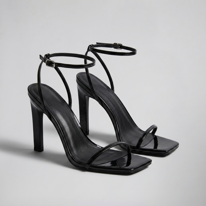 Women's Patent Square-Toe Heeled Sandals – Sleek Minimalist Evening Sandal