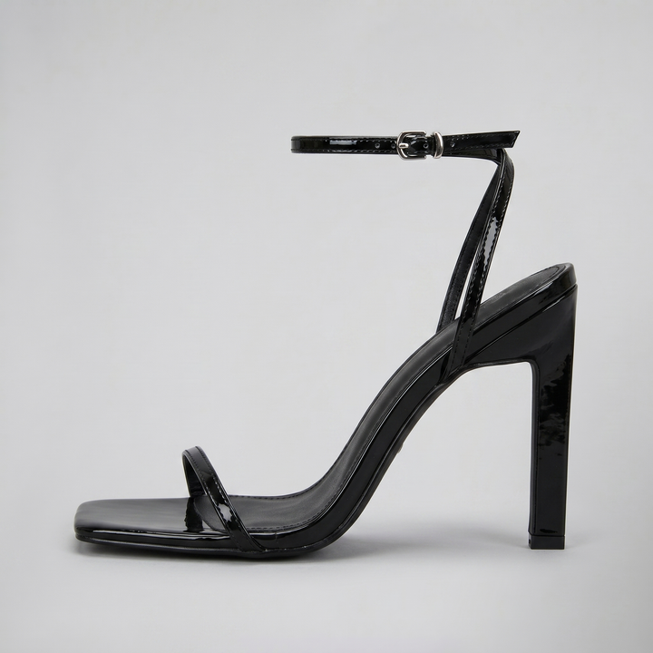 Women's Patent Square-Toe Heeled Sandals – Sleek Minimalist Evening Sandal