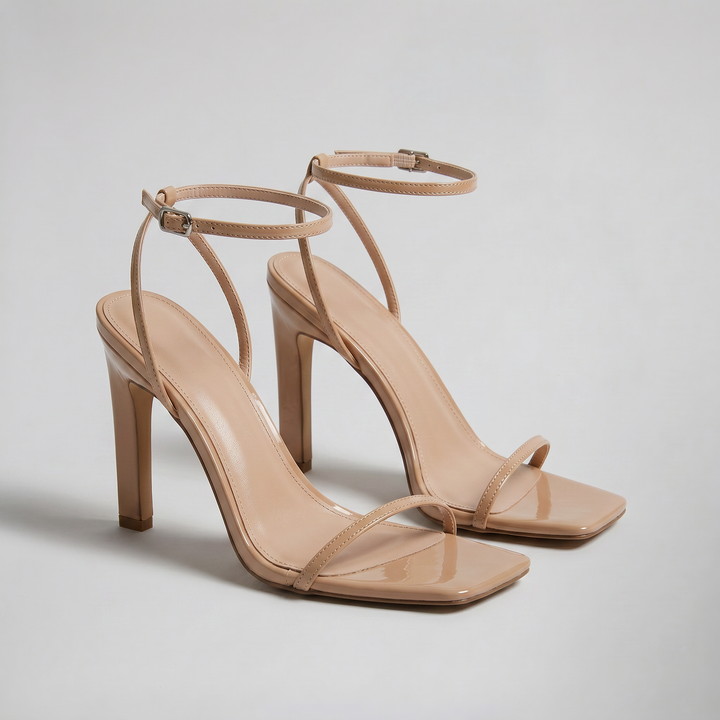 Women's Patent Square-Toe Heeled Sandals – Sleek Minimalist Evening Sandal
