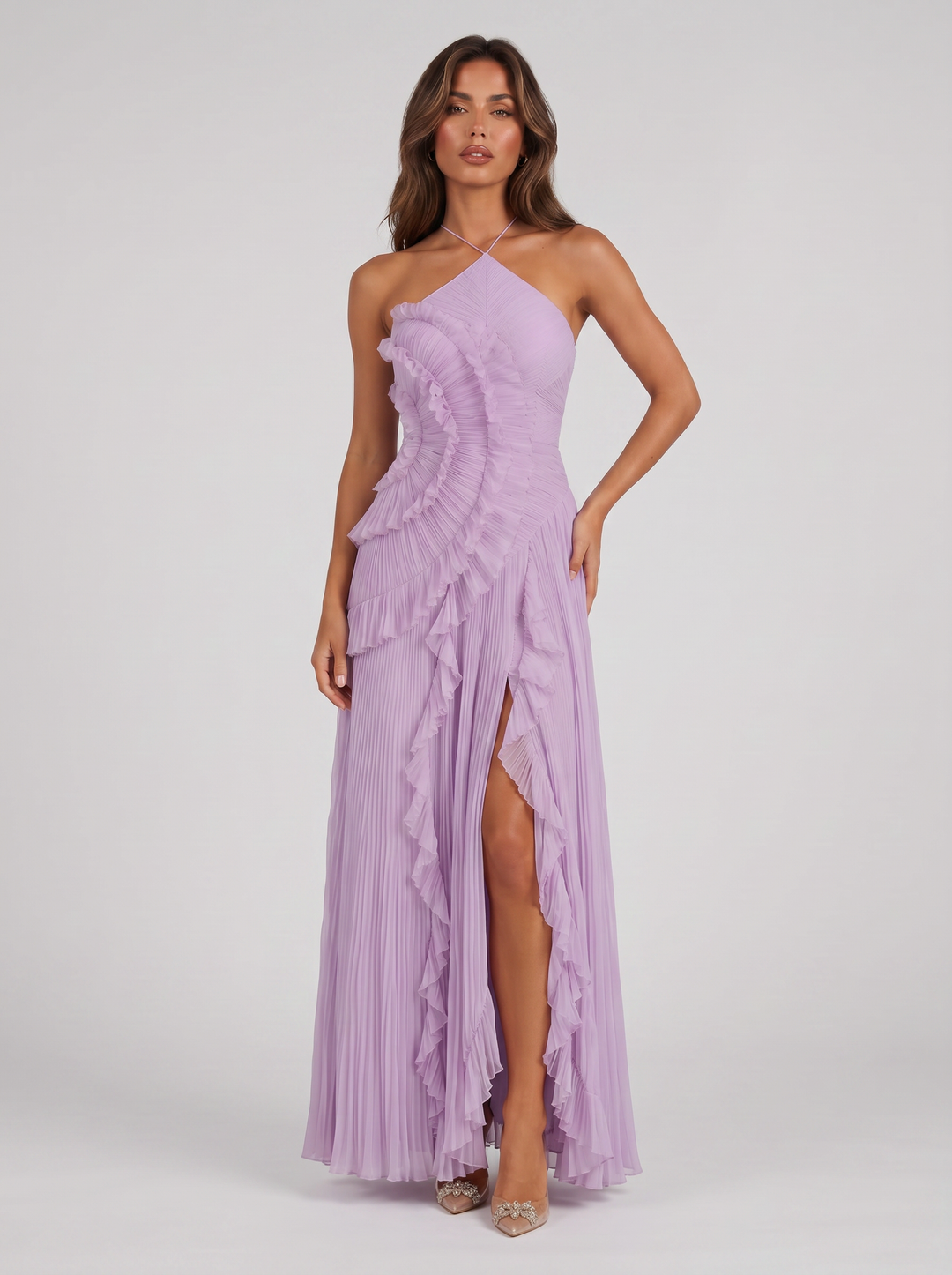 Women's Pleated Ruffle Halter Maxi Dress – Flowing Evening Gown