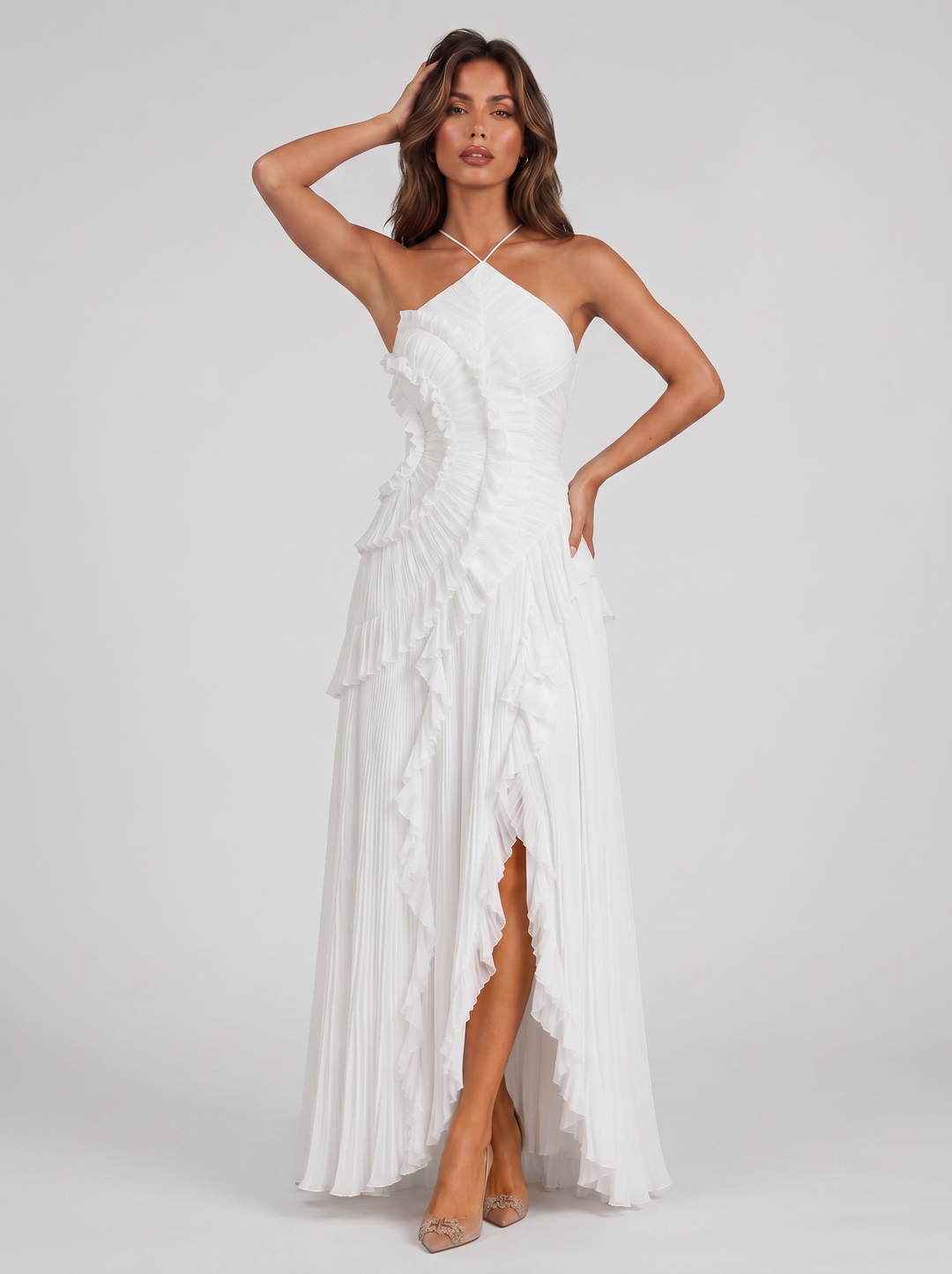 Women's Pleated Ruffle Halter Maxi Dress – Flowing Evening Gown