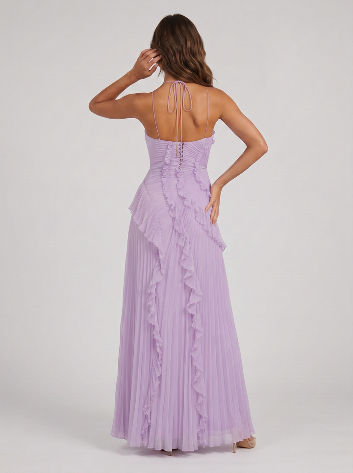 Women's Pleated Ruffle Halter Maxi Dress – Flowing Evening Gown