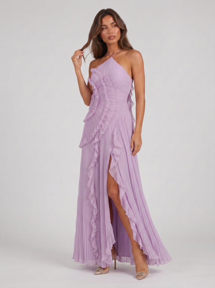 Women's Pleated Ruffle Halter Maxi Dress – Flowing Evening Gown