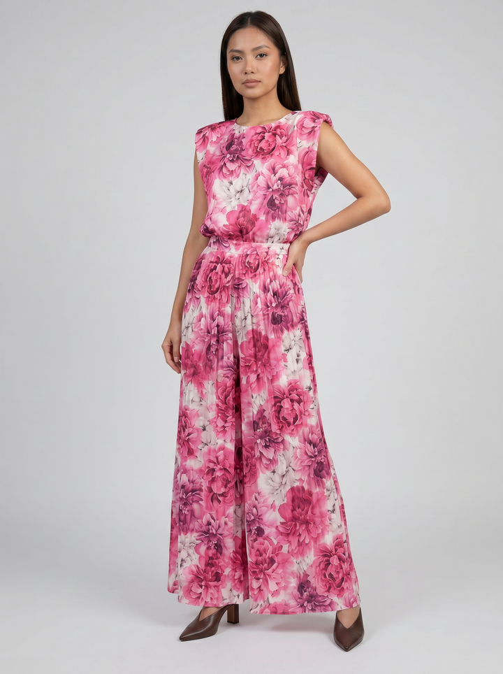 Women's Pleated Trouser Set – Sleeveless Wide-Leg Co-Ord