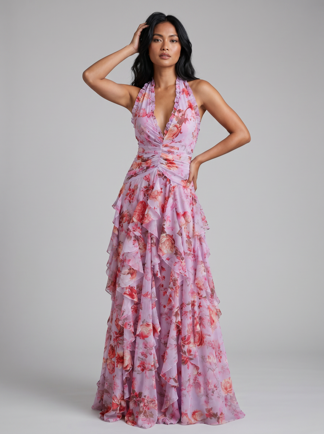 Women's Ruffled Halter Maxi Dress – Wedding Guest Evening Gown