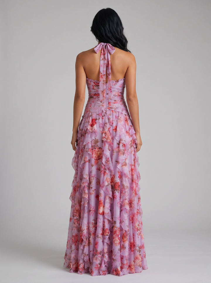 Women's Ruffled Halter Maxi Dress – Wedding Guest Evening Gown