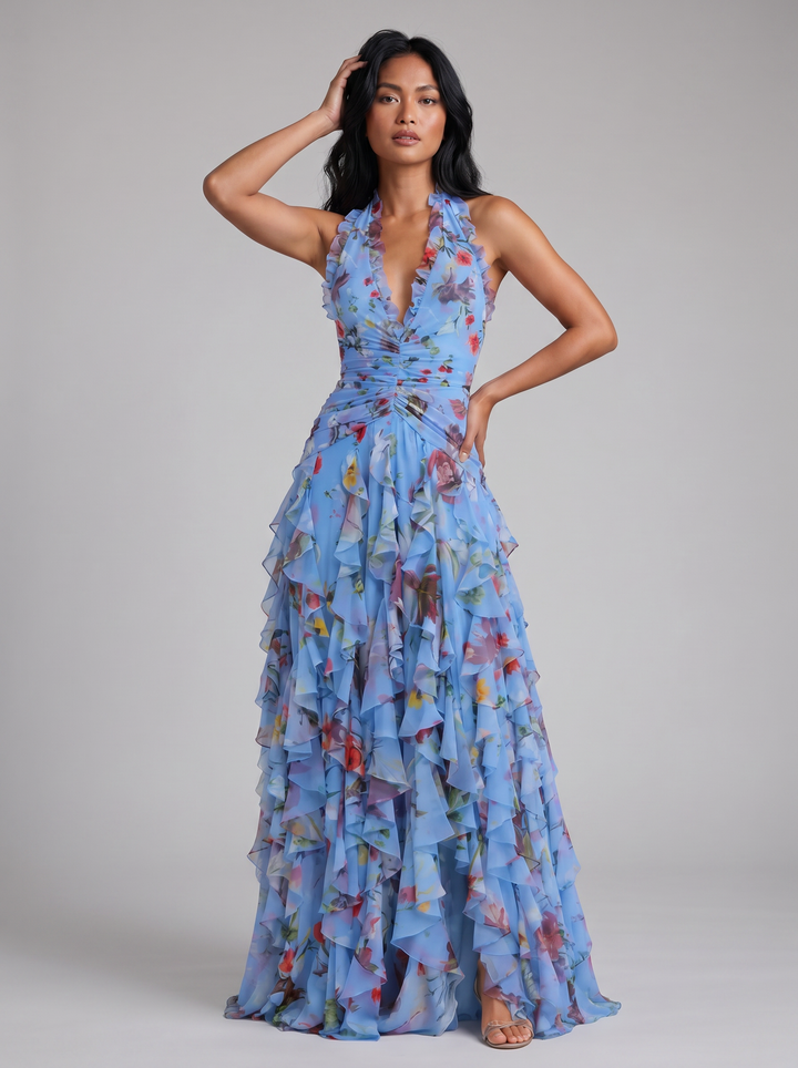 Women's Ruffled Halter Maxi Dress – Wedding Guest Evening Gown