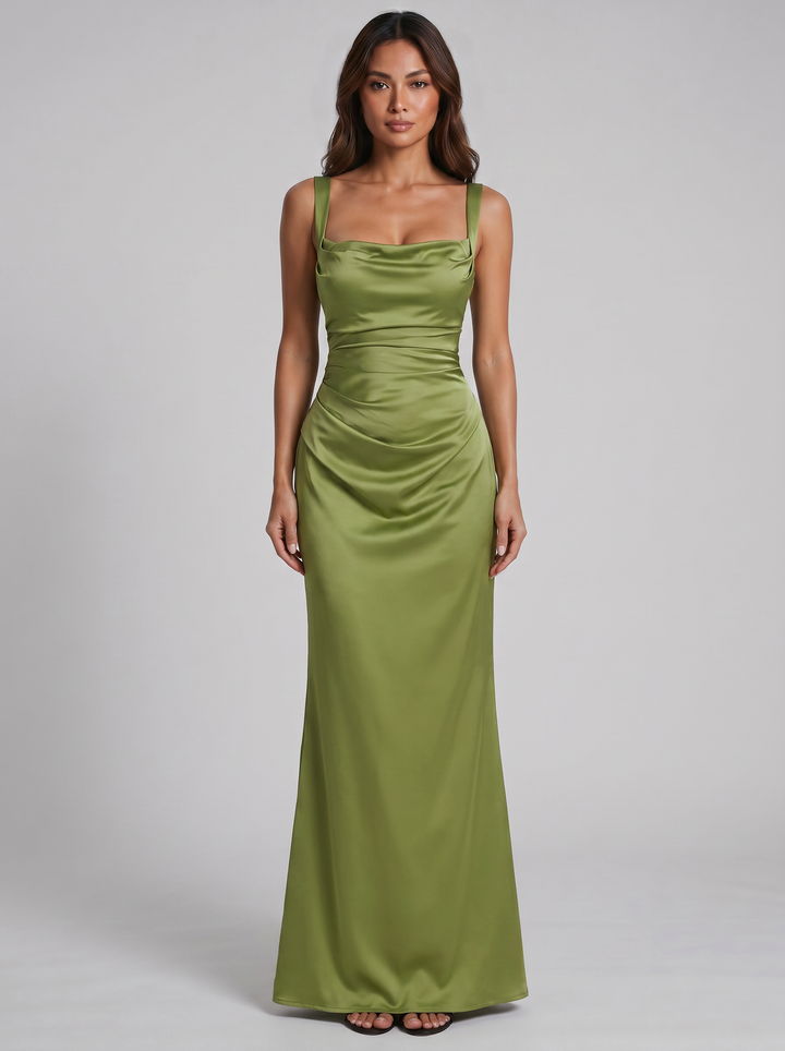 Women's Satin-Feel Ruched Waist Maxi Dress – Sculpted Fit