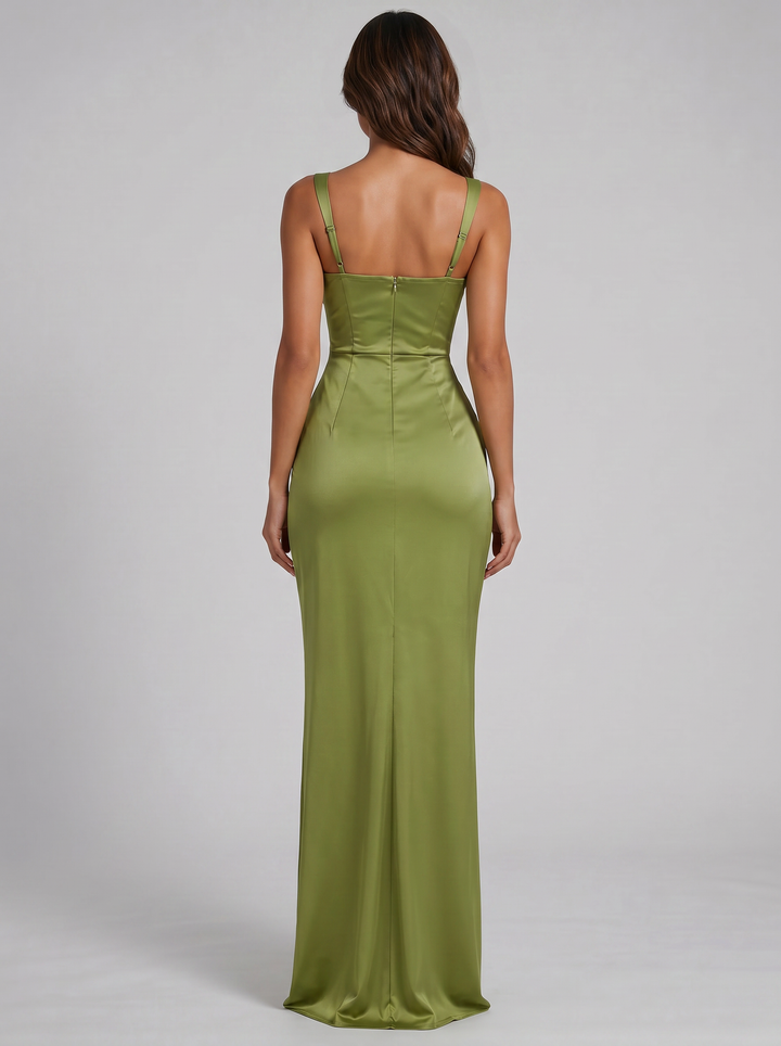 Women's Satin-Feel Ruched Waist Maxi Dress – Sculpted Fit