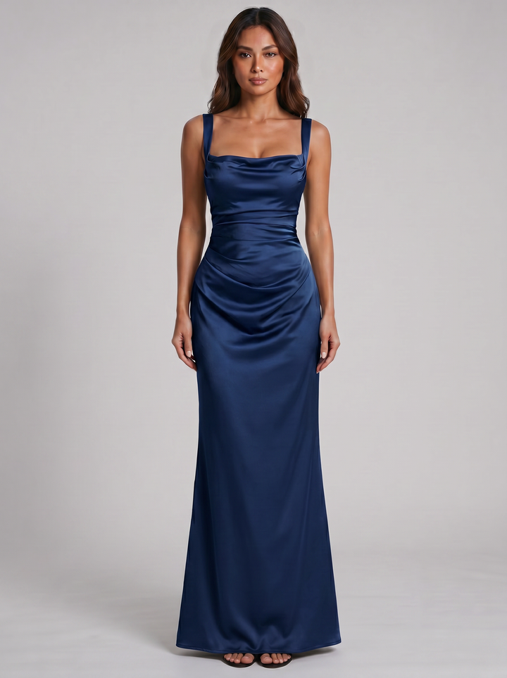 Women's Satin-Feel Ruched Waist Maxi Dress – Sculpted Fit