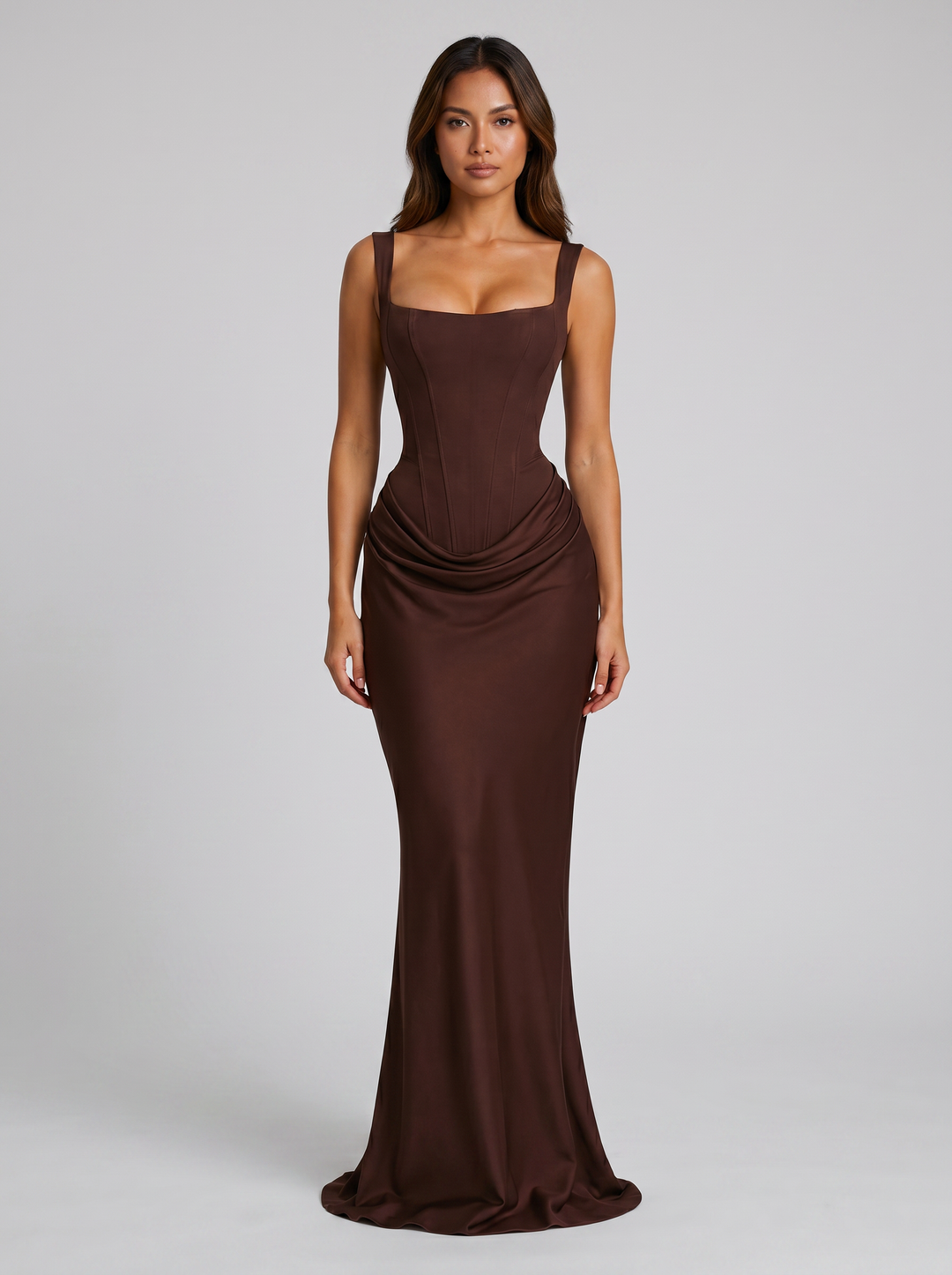 Women's Bodycon Draped Corset Maxi Dress – Sleeveless Square Neck Gown