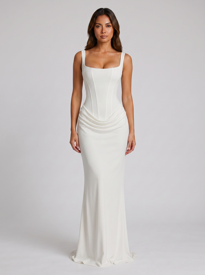 Women's Bodycon Draped Corset Maxi Dress – Sleeveless Square Neck Gown