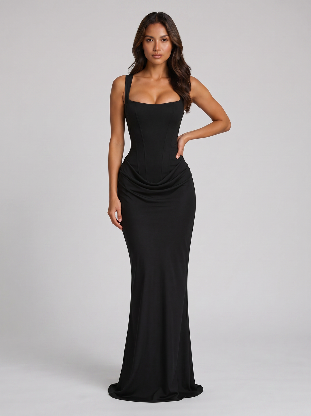 Women's Bodycon Draped Corset Maxi Dress – Sleeveless Square Neck Gown