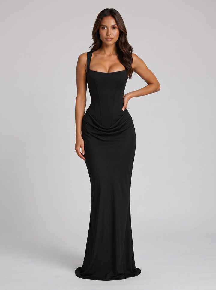 Women's Bodycon Draped Corset Maxi Dress – Sleeveless Square Neck Gown